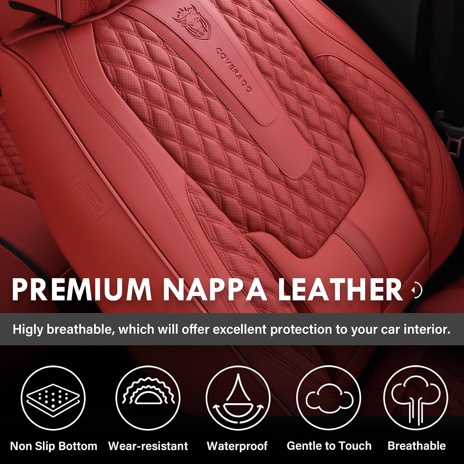 Detalle de Coverado Car Seat Covers Full Set with Red Nappa Leather, Lumbar Support & Universal Fit