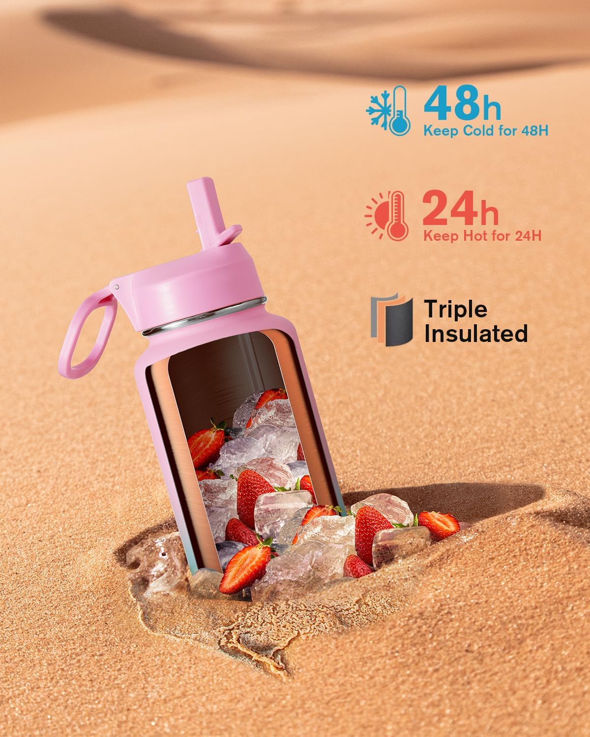 Detalle de Coolflask Long-lasting insulated water bottle, 40 oz, 3 lids, Bubblegum Princess
