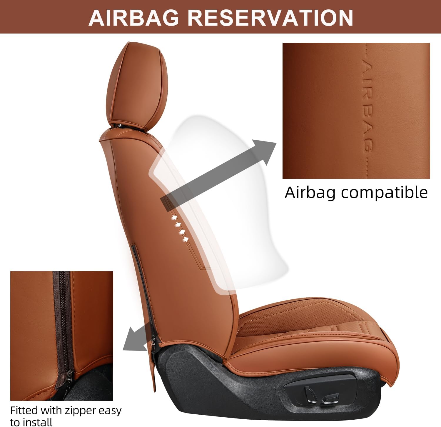 Detalle de TIEHESYT Car Seat Covers Full Set: Breathable Nappa Leather Front & Rear Protection (Brown, Front Pair + Rear)