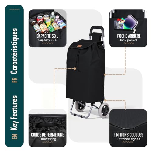 Thumbnail 6 de VOUNOT Chariot de Courses 2 Roues Pliable – 59L, 2 en 1, Sac Oxford avec Poche Zippée