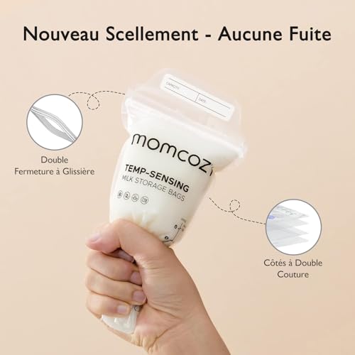 Detalle de Momcozy Sachets de Congélation Lait Maternel 180mL – Lot de 120, Double fermeture, 100% stériles