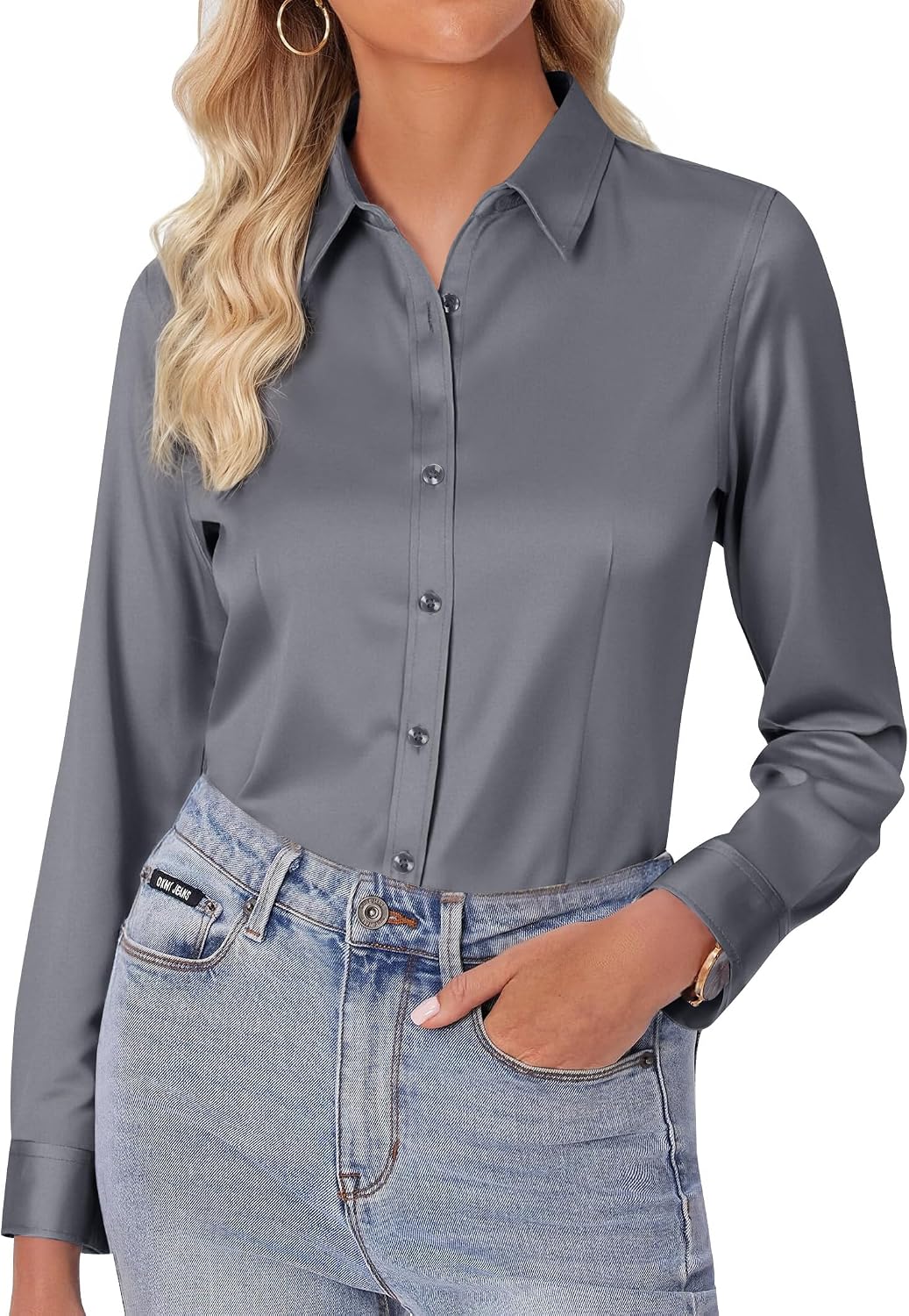 Detalle de siliteelon Damen-Bluse bügelfrei im Regular fit – Stretch-Oberhemd für Business und Freizeit