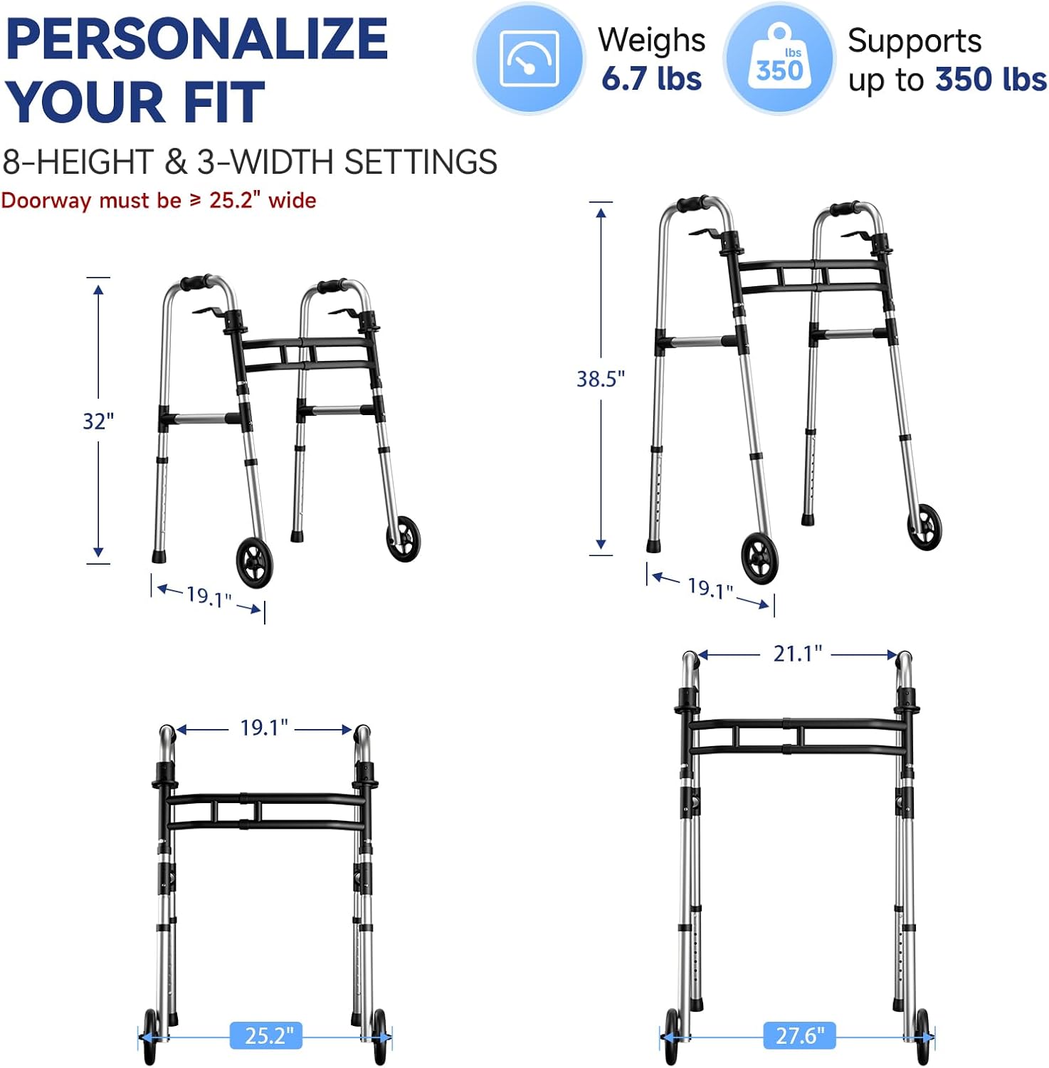 Thumbnail 3 de Loyoda FBL835285 Folding Walker, Adjustable Fit, 5-Inch Front Wheels