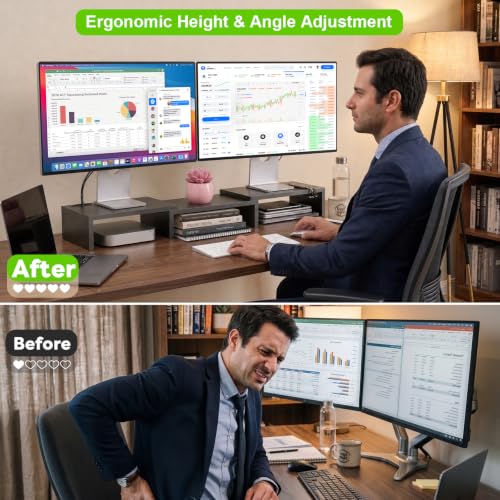 Detalle de Yirilan Adjustable Dual Monitor Riser with Phone Holder and Cable Management