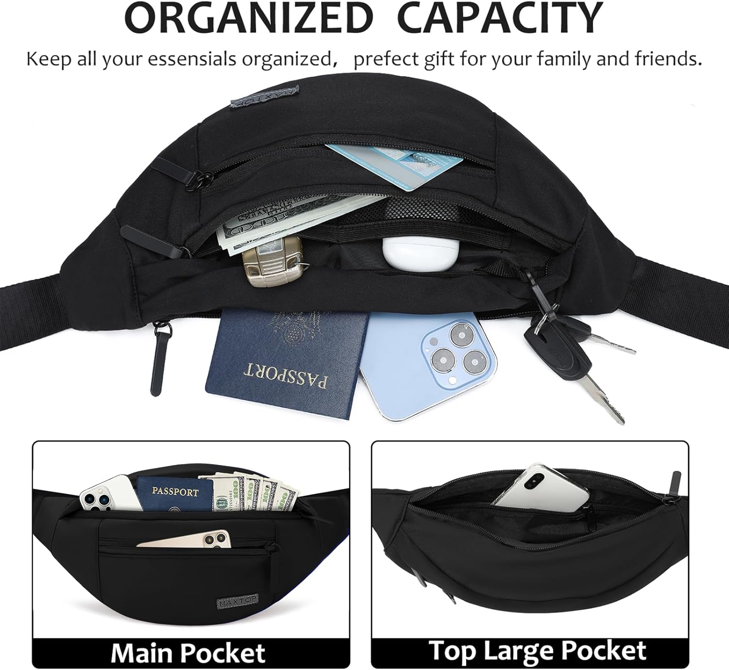 Thumbnail 2 de MAXTOP Black Bumbag Waist Pack – 4-Zipper Travel Belt Bag for Outdoors and Fitness