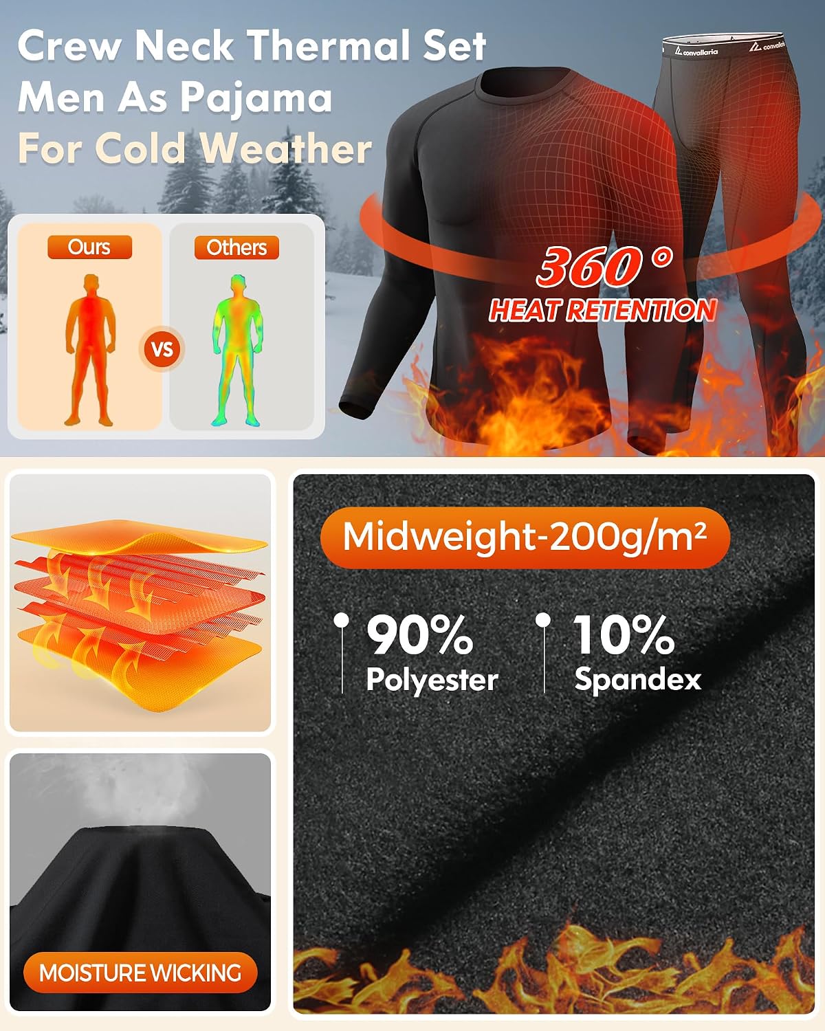 Thumbnail 4 de CL convallaria Men's Thermal Underwear Long Johns Winter Long Sleeve Top And Bottoms Set Mens Base Layers Thermals Inner Wear Ski Gear
CL convallaria Men's Thermal Underwear Long…