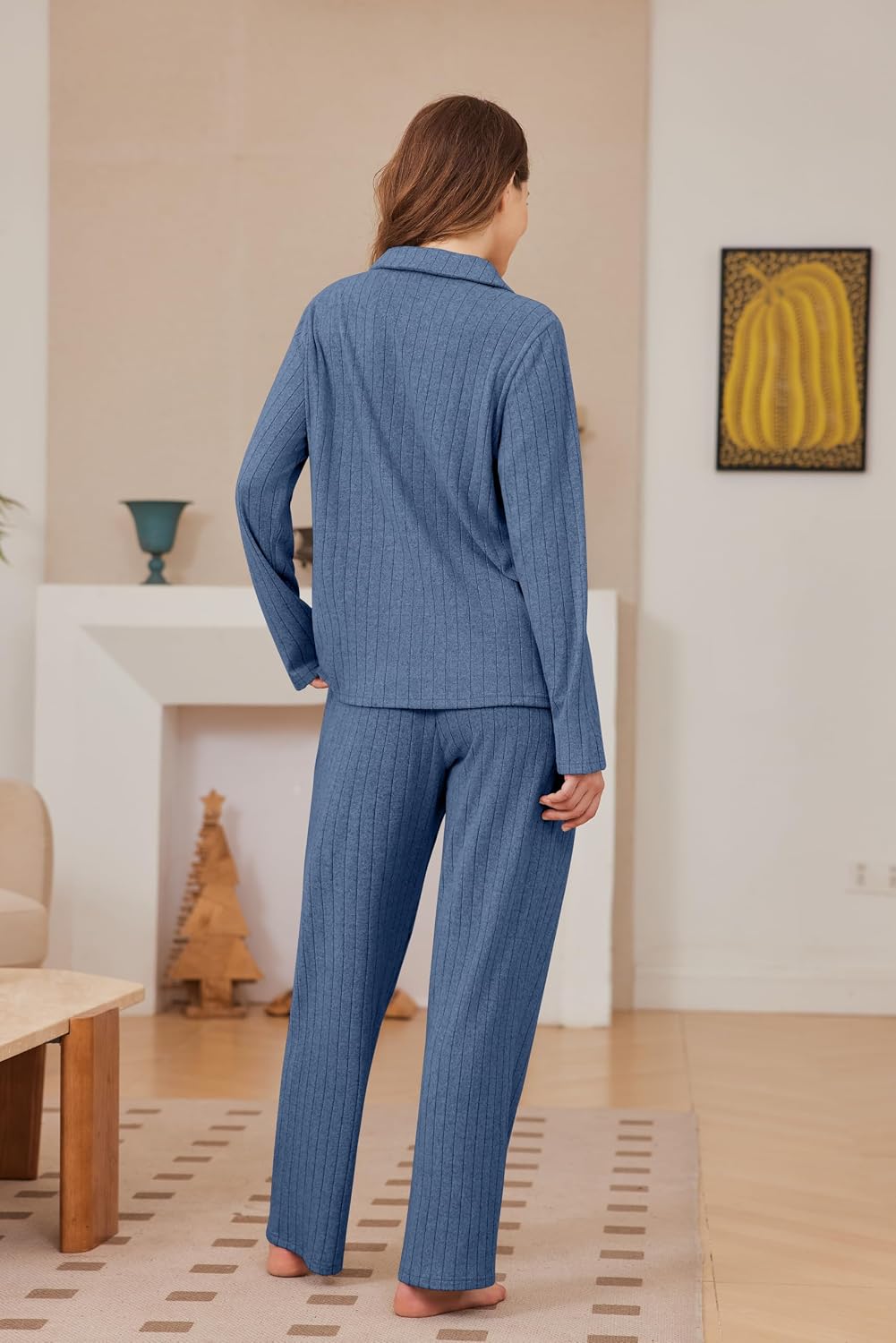 Detalle de Ekouaer Women's Ribbed Knit Pajama Set with Button-Down Top and Wide-Leg Pants