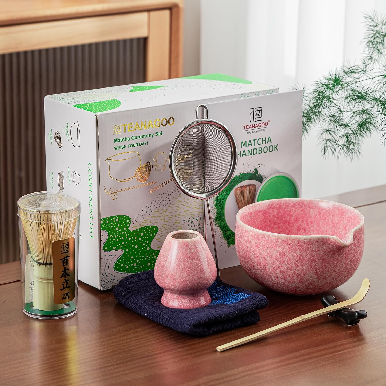 Detalle de TEANAGOO Set Fruste Matcha da 7 pezzi – rosa, cerimonia e latte matcha
