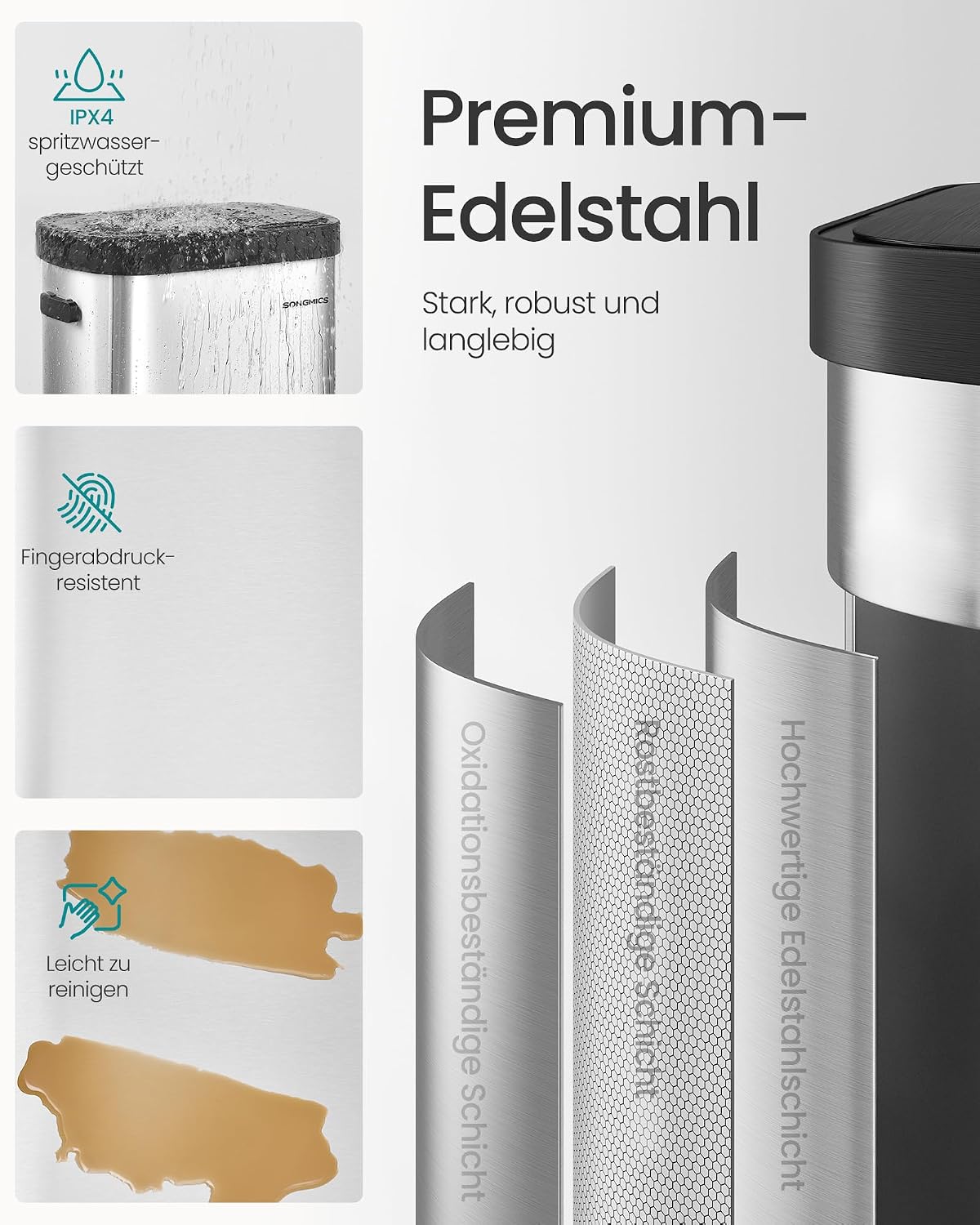 Thumbnail 5 de SONGMICS Sensor-Abfalleimer 50 L – Mülleimer mit Sensor, Softclose, Stahl, inkl. 15 Müllbeutel (LTB640E01, metallicsilber-tintenschwarz)