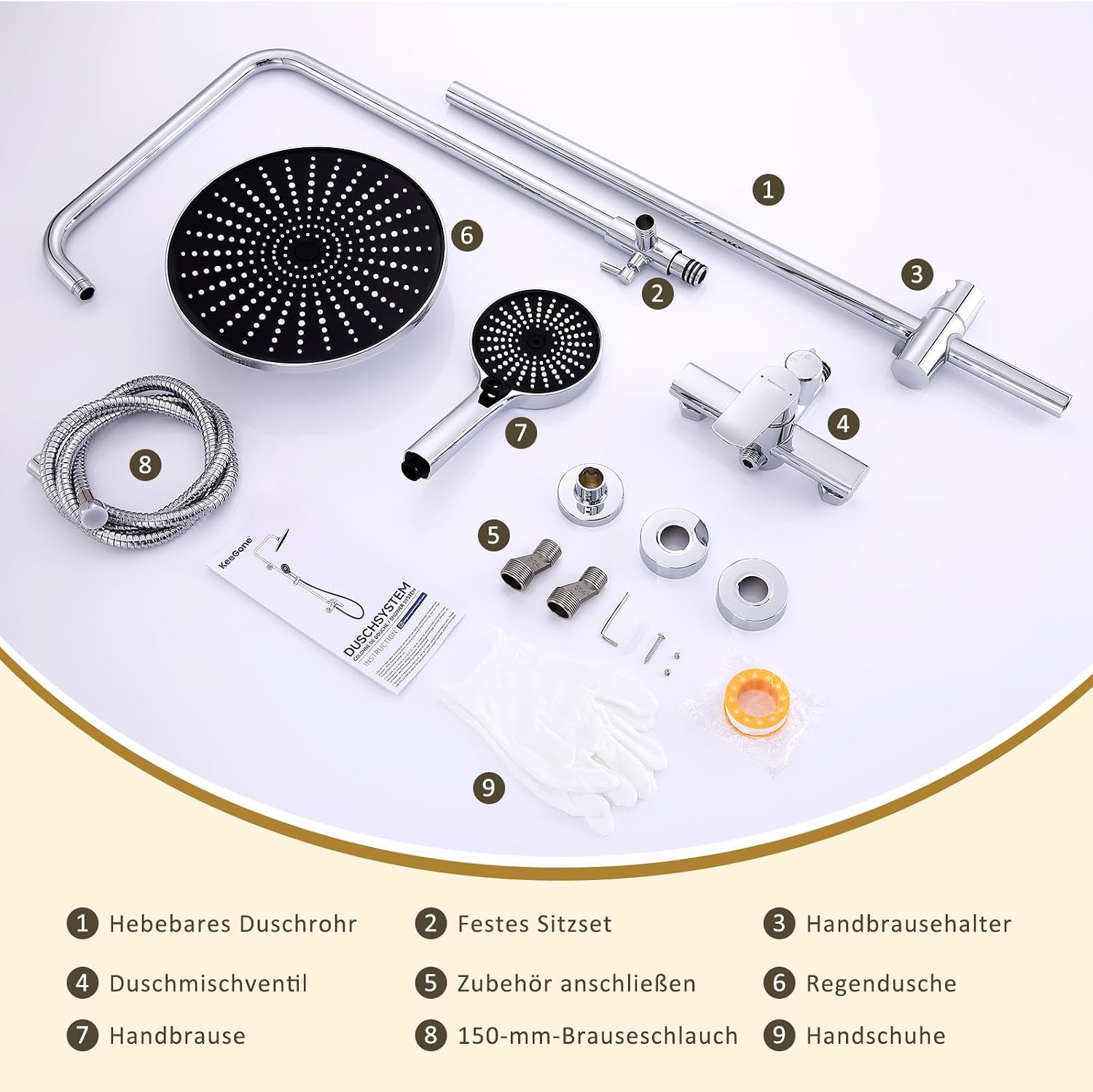 Detalle de KeeGone Duschsystem mit höhenverstellbarer Armatur, 26 cm Regendusche & 3-funktion Handbrause (ohne Thermostat)