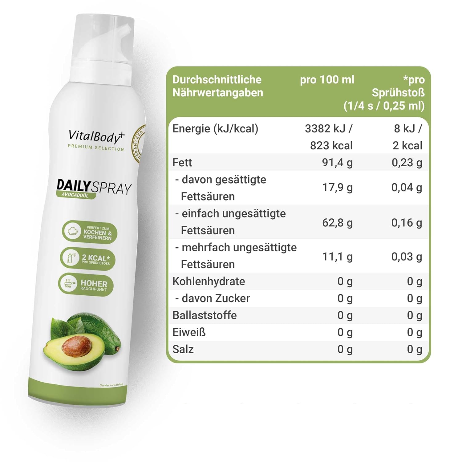 Detalle de VitalBody+ DailySpray Avocadoöl – 2 kcal pro Sprühstoß, kalorienarm, antihaftend für Airfryer, Braten & Grillen