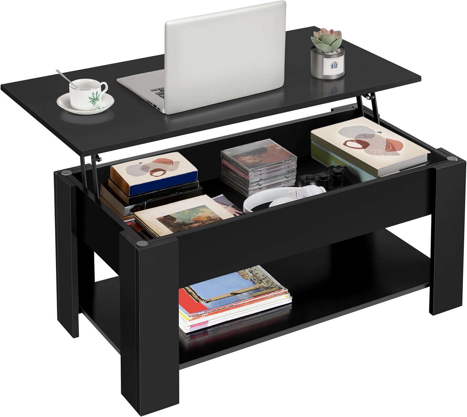 Yaheetech Tavolino da caffè sollevabile elevabile per divano con ripiano inferiore 98 x 50 x 42-56 cm nero