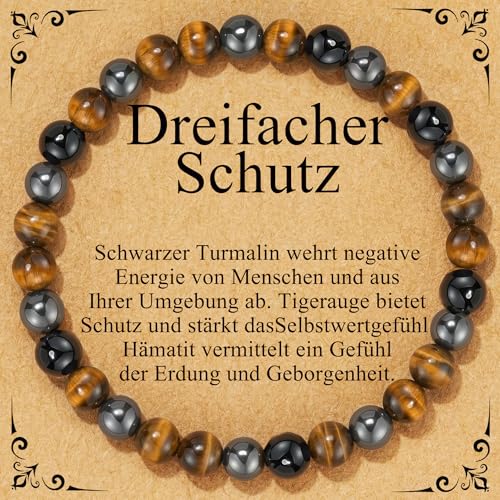 Detalle de Esrael Armband aus Schwarzer Turmalin, Tigerauge und Hämatit – Stretch‑Armband für Damen