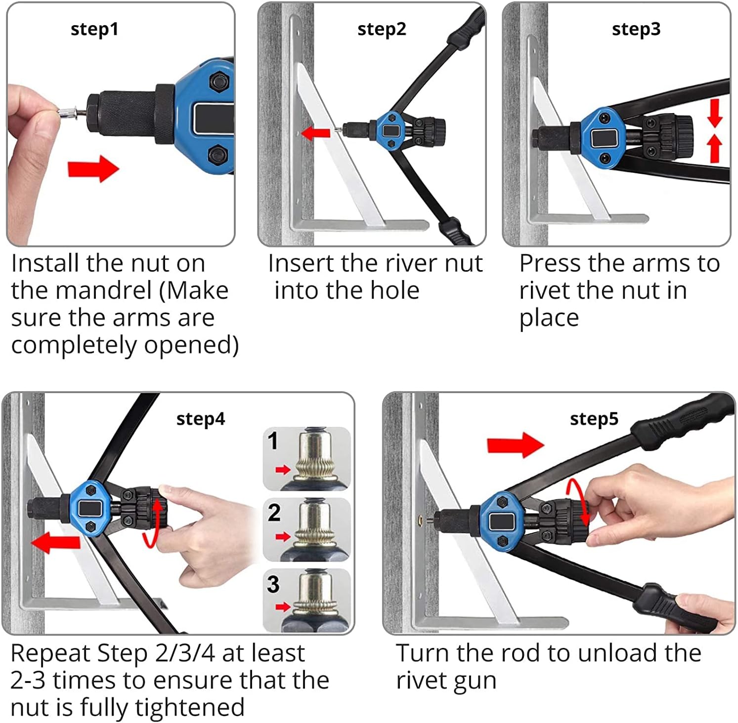 Thumbnail 3 de LSHK 13” Hand Rivet Nut Gun: 7 Mandrels & 110 Rivet Nuts for DIY & Home Maintenance