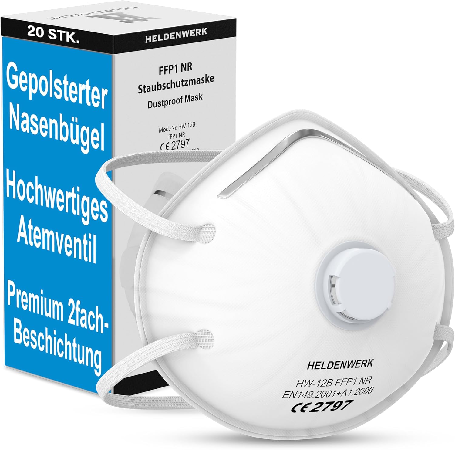 Detalle de HELDENWERK Atemschutzmaske mit FFP1-Schutz im Set (5er/10er/20er) – Staubschutz für Schleif-, Bohr- und Sägearbeiten