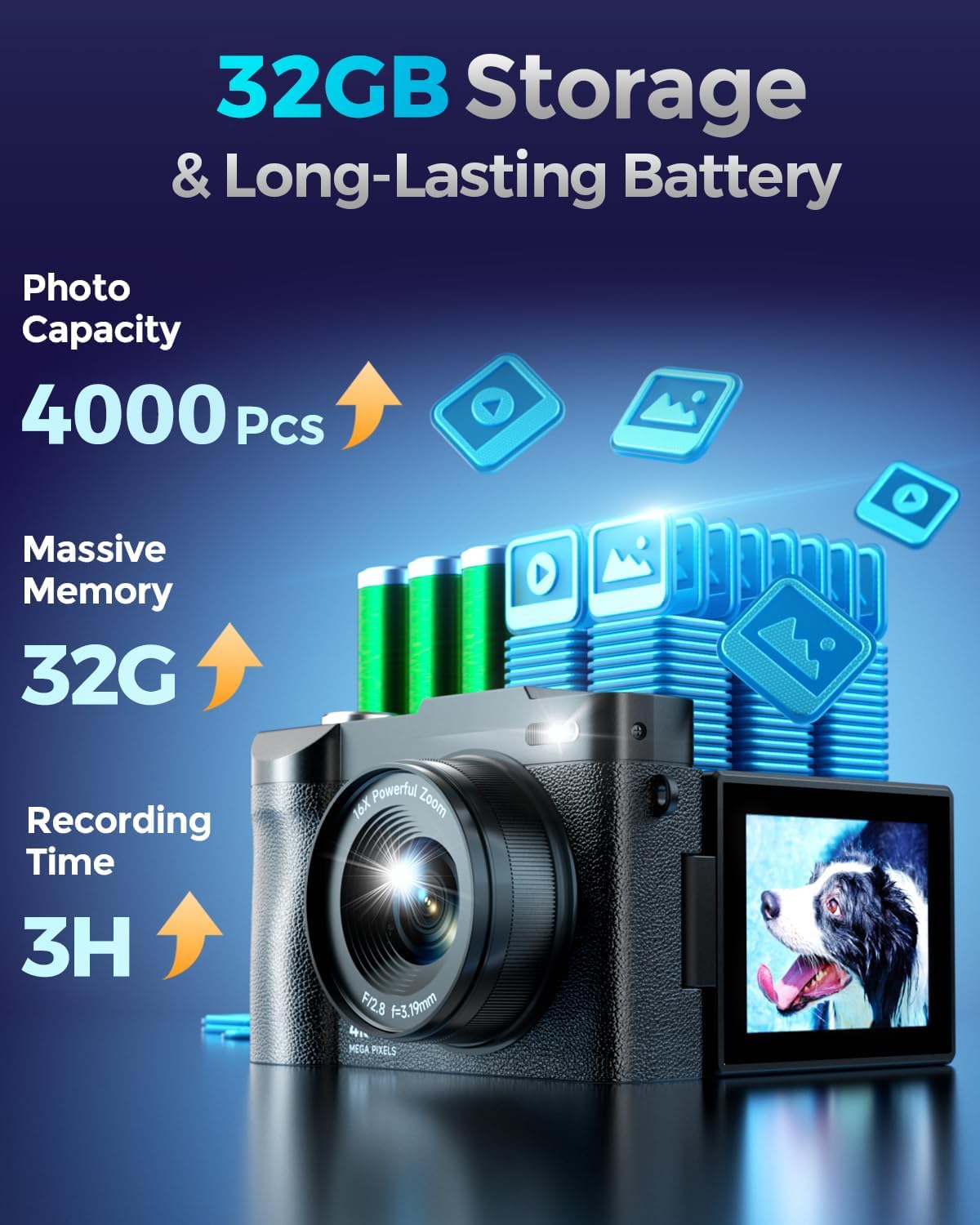 Thumbnail 6 de 4K Digitalkamera Maxmango 50MP mit 2,8" 180° Klappdisplay und Webcam-Funktion