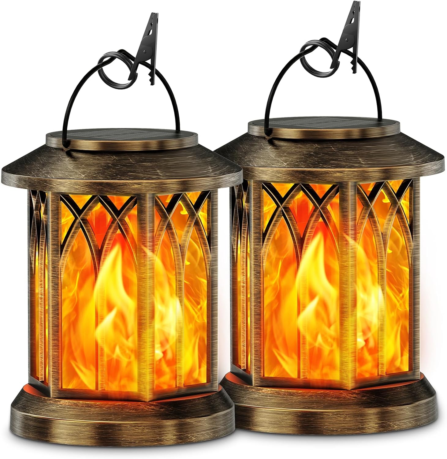 KOOPER Solar Lights Outdoor Garden – 2 Pack Hanging Solar Lanterns with Flickering Flame Effect LED (Waterproof)