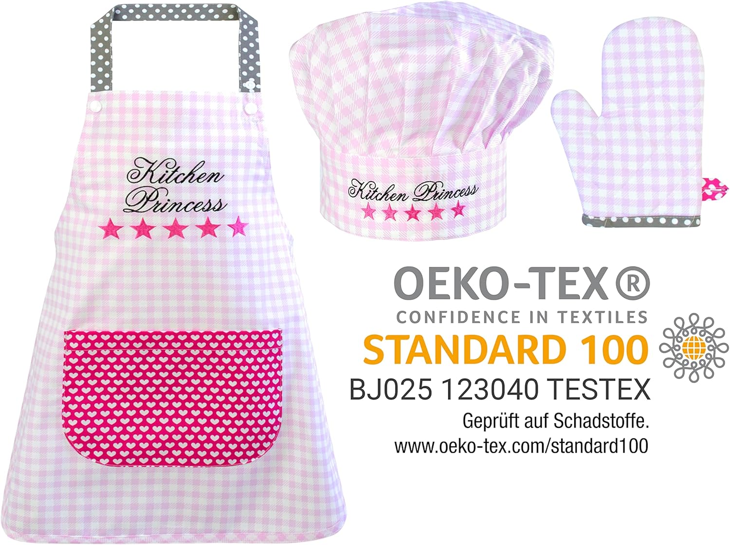 Thumbnail 5 de Emily 1428.2002 – Lot de 3 Casquettes de Cuisine avec Tablier et Gant pour Enfant, Motif Carreaux, Kitchen Princess, Small (3-6 ans)