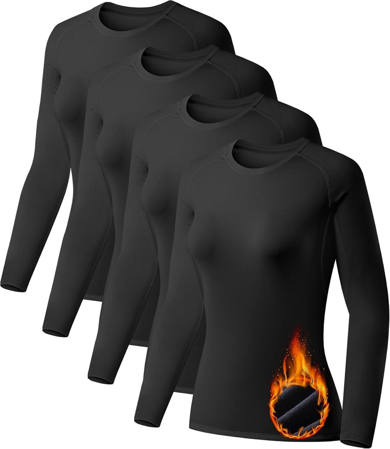 Detalle de TELALEO Women's Thermal Shirts 4-Pack, Fleece-Lined Long-Sleeve Compression Tops