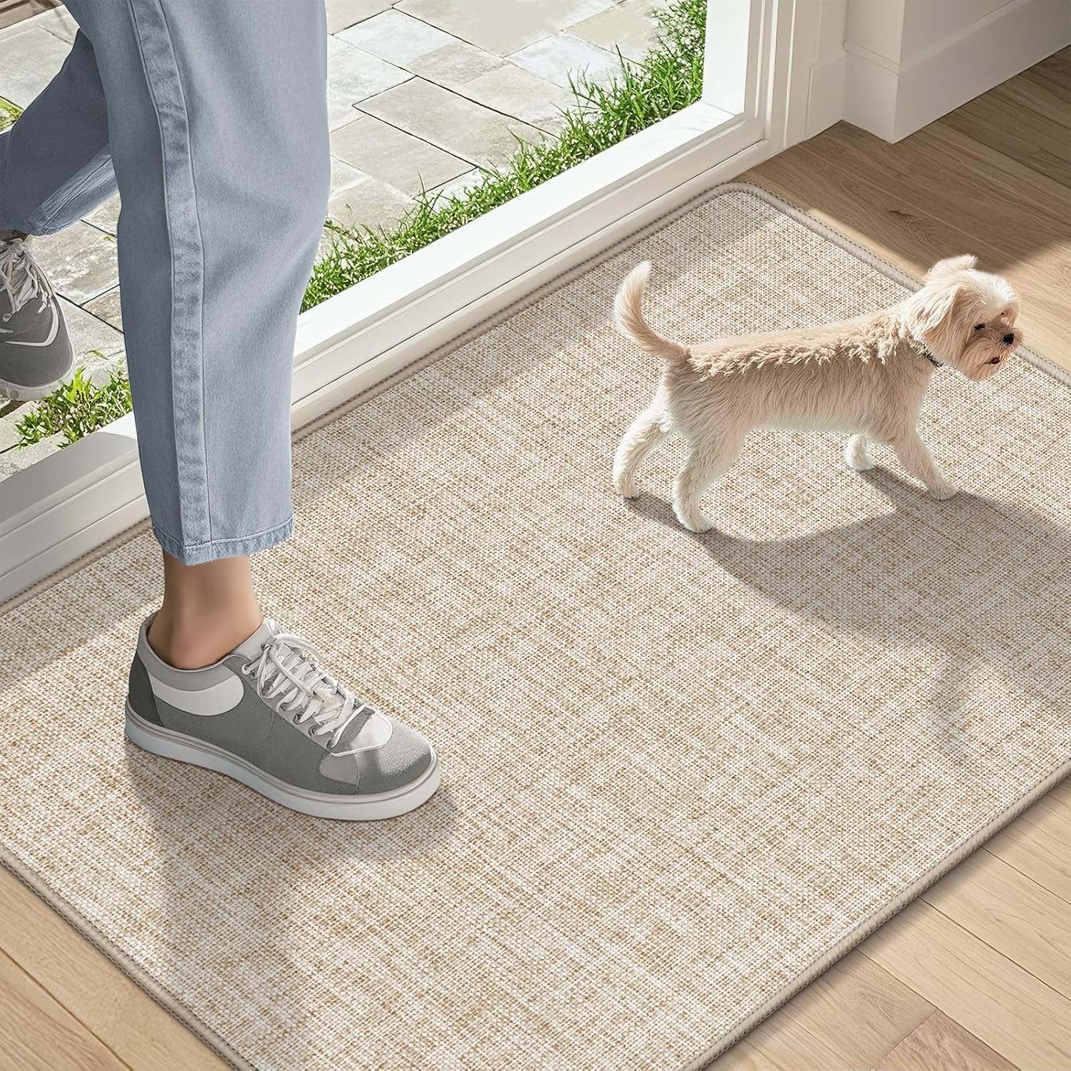 Detalle de LEKEEPGO Ultra Thin Indoor Door Mat, 17" x 29", Khaki, Rubber Backing