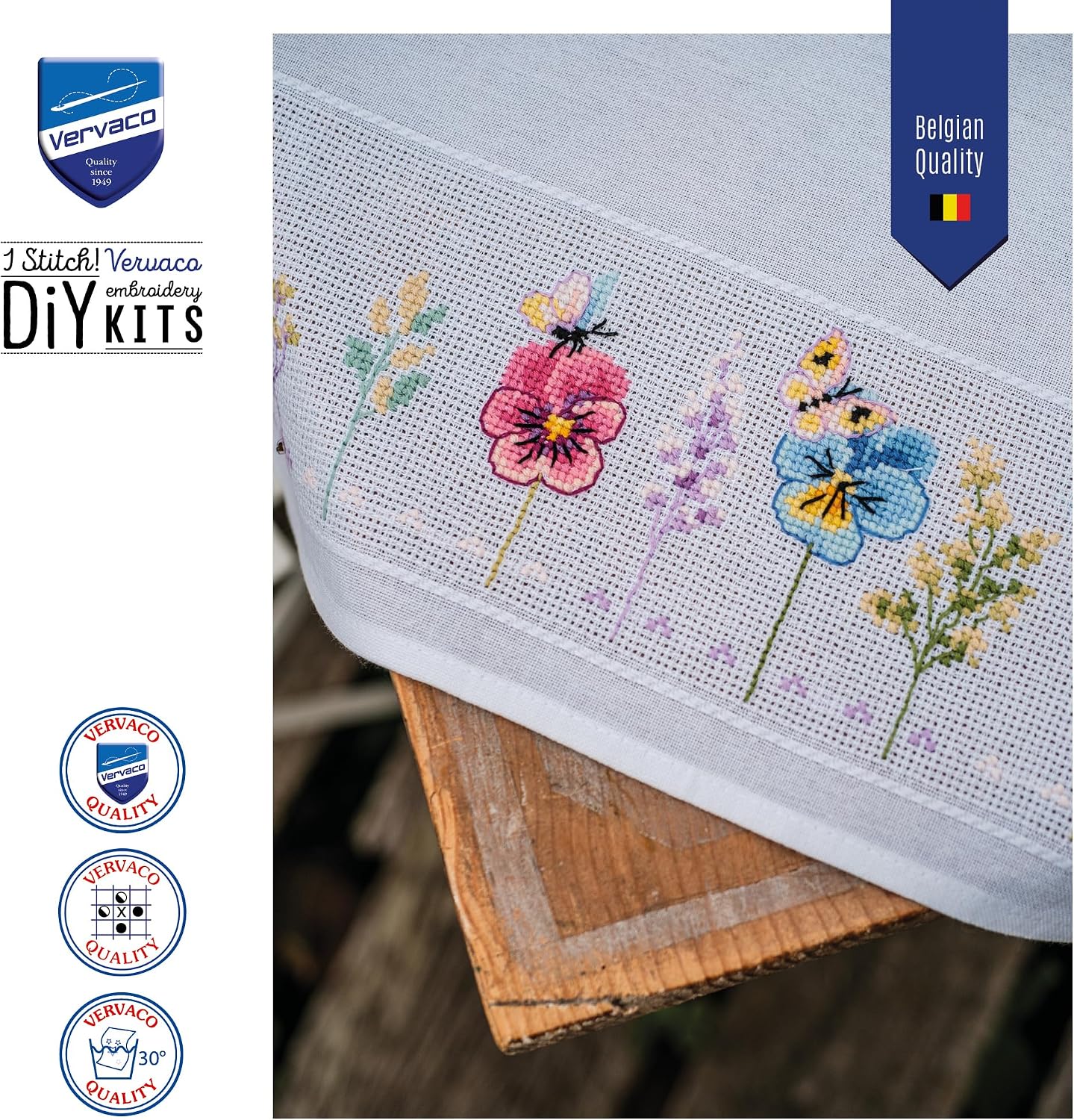 Detalle de VERVACO FIOŁKI – zestaw do haftu krzyżykowego obrusu 80 × 80 cm