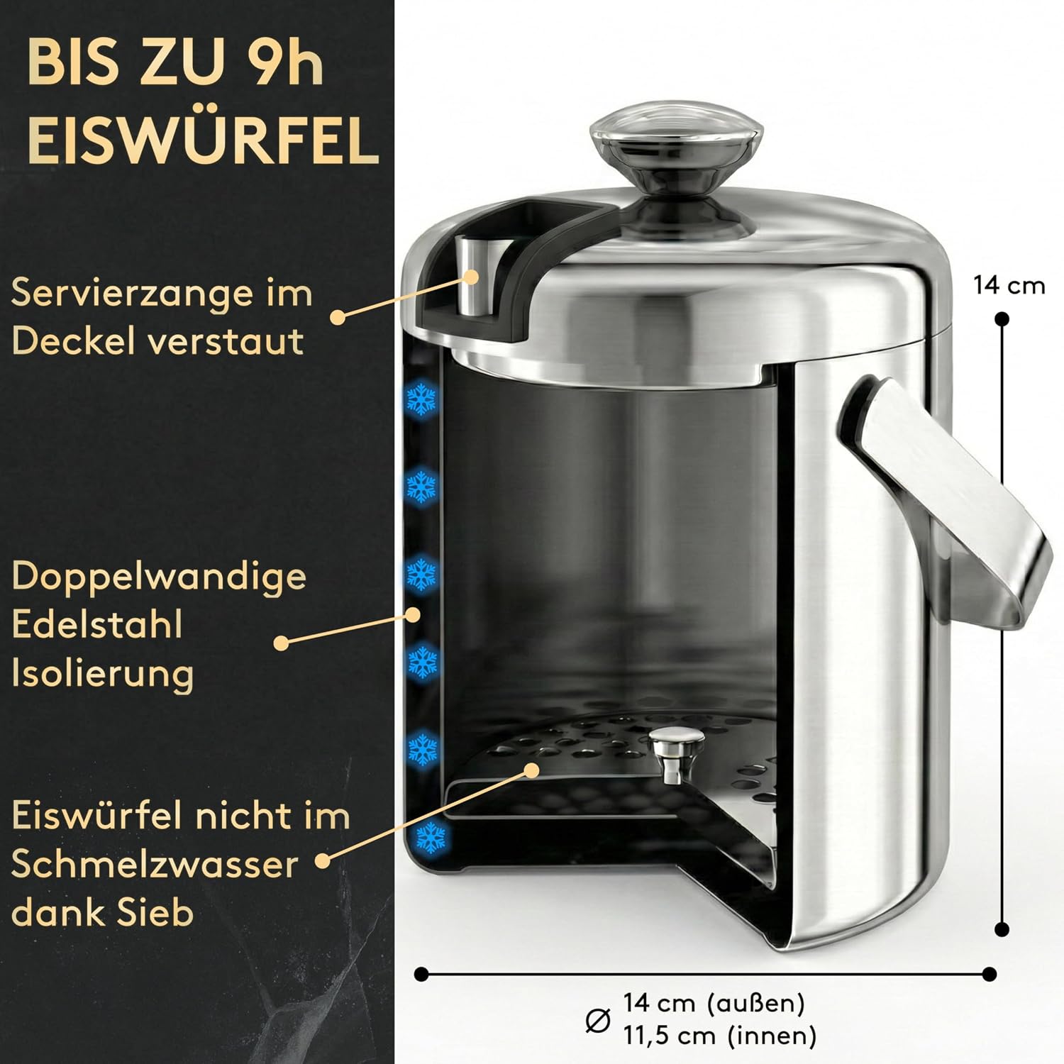 Thumbnail 4 de SilverRack Edelstahl Eiswürfelbehälter mit Deckel und Zange (1,3 l) – Eiskübel aus Edelstahl