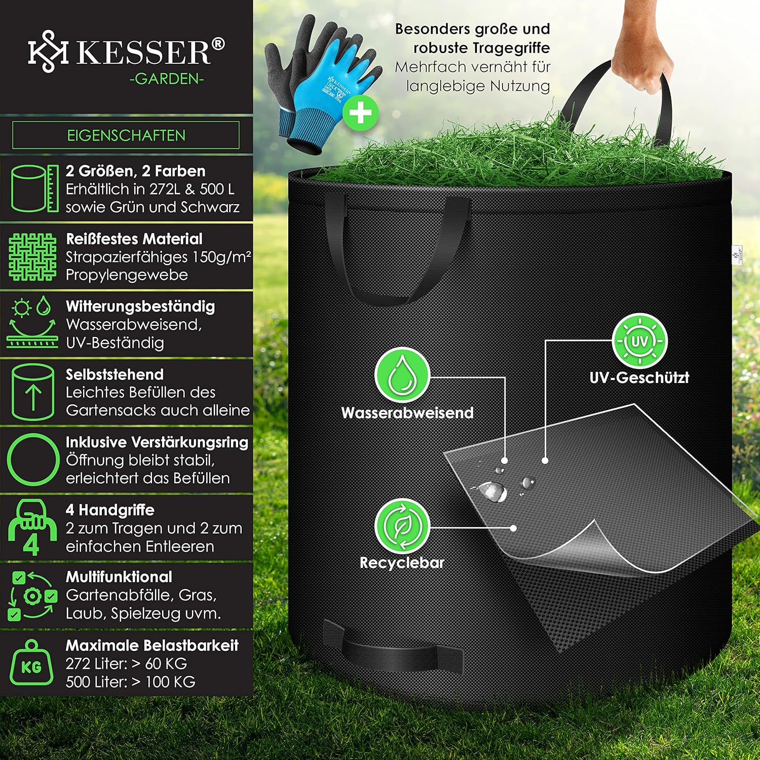 Thumbnail 1 de KESSER® Gartensack-Set (3x 272 l) mit Handschuhen, selbststehend, 4 Tragegriffe
