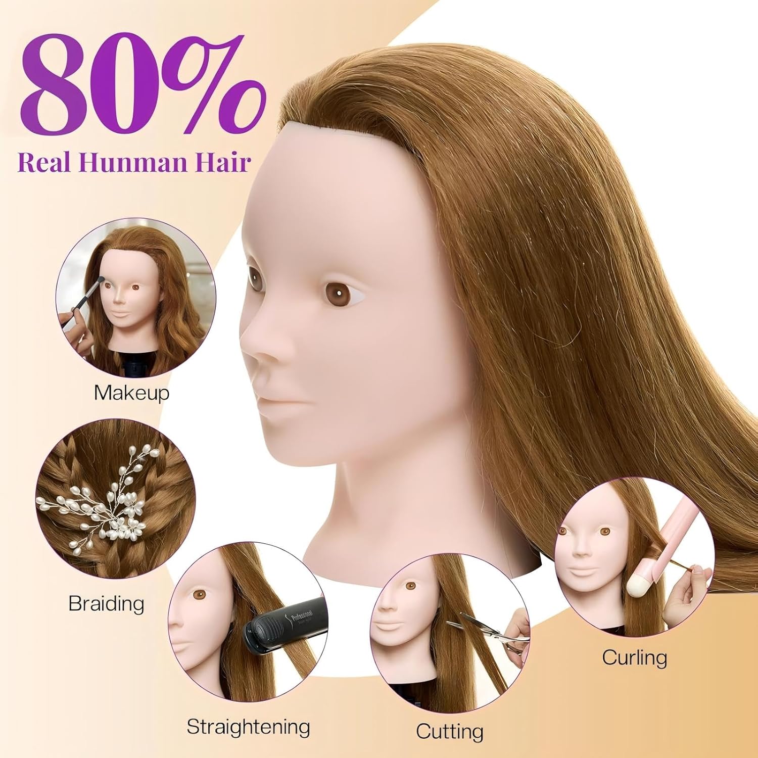 Detalle de Mannequin Head with 80% Real Human Hair + Tripod Stand for Hair Styling and Training