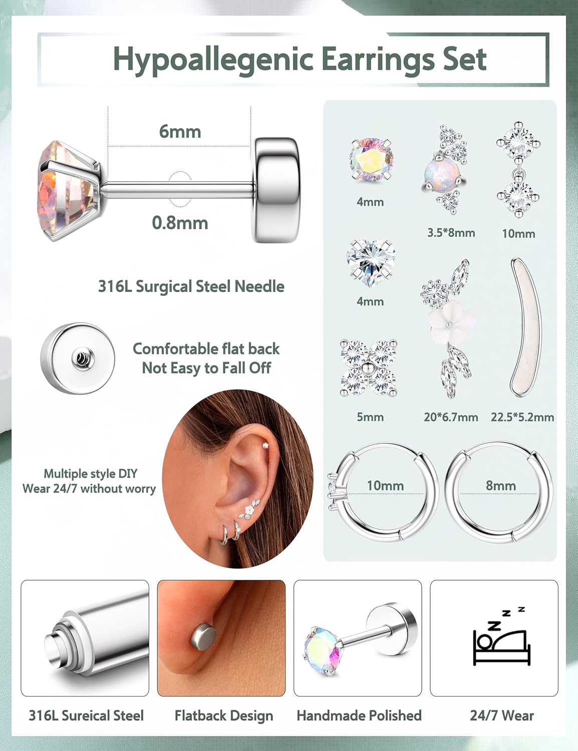 Detalle 2 de MILACOLATO Helix Piercings Gold Silber – 9er Set aus Chirurgenstahl, vielseitig tragbar