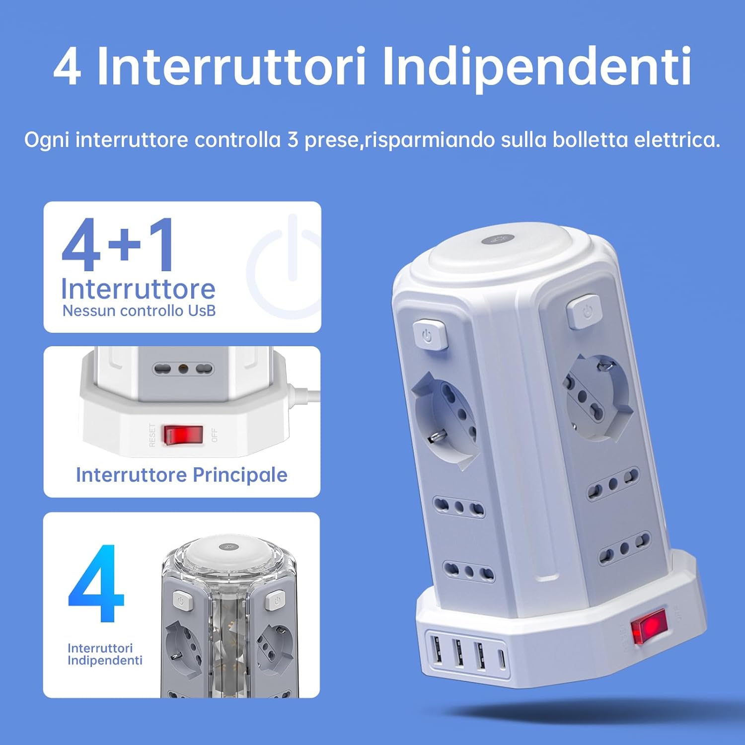 Thumbnail 3 de Ciabatta elettrica KEMELO verticale con luce notturna, 12 prese e 4 USB (3 USB-A + 1 USB-C) e 4 interruttori indipendenti, 2 m