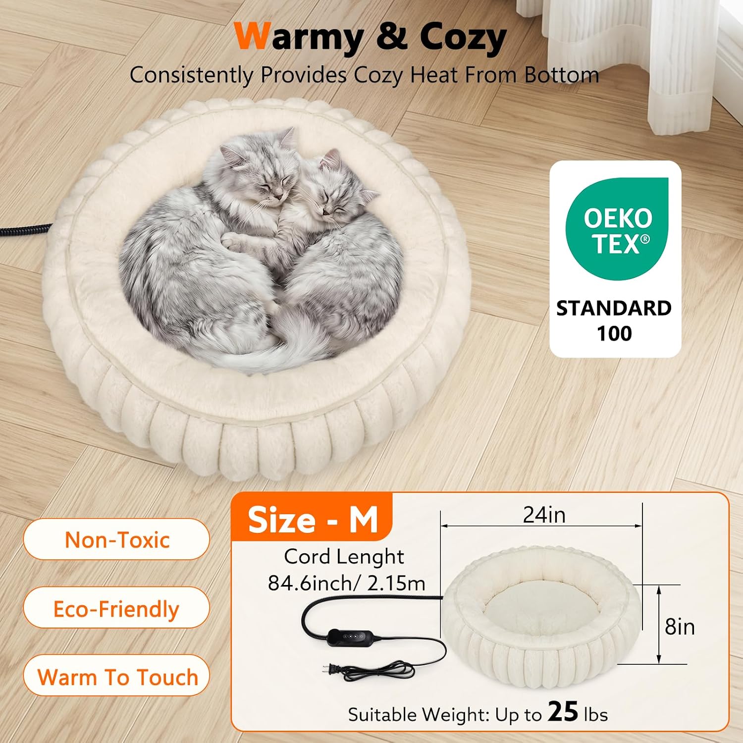 Thumbnail 4 de INVENHO TK-HPPD50T Heated Donut Pet Bed, 24-Inch Sherpa, Adjustable Heat & Timer