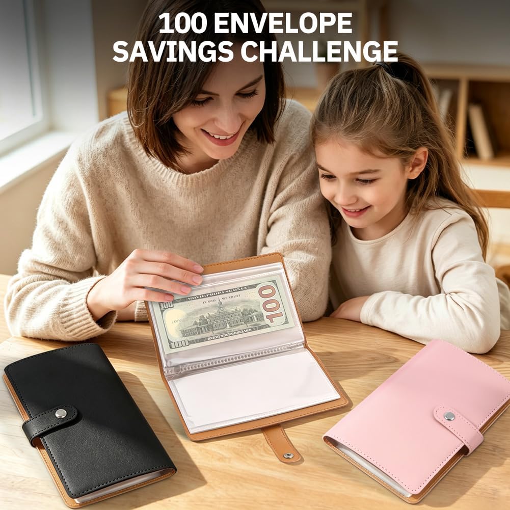 Thumbnail 6 de Vicloon spaarmap met 100 enveloppen, 50 transparante pagina’s en roze PU-kaft
