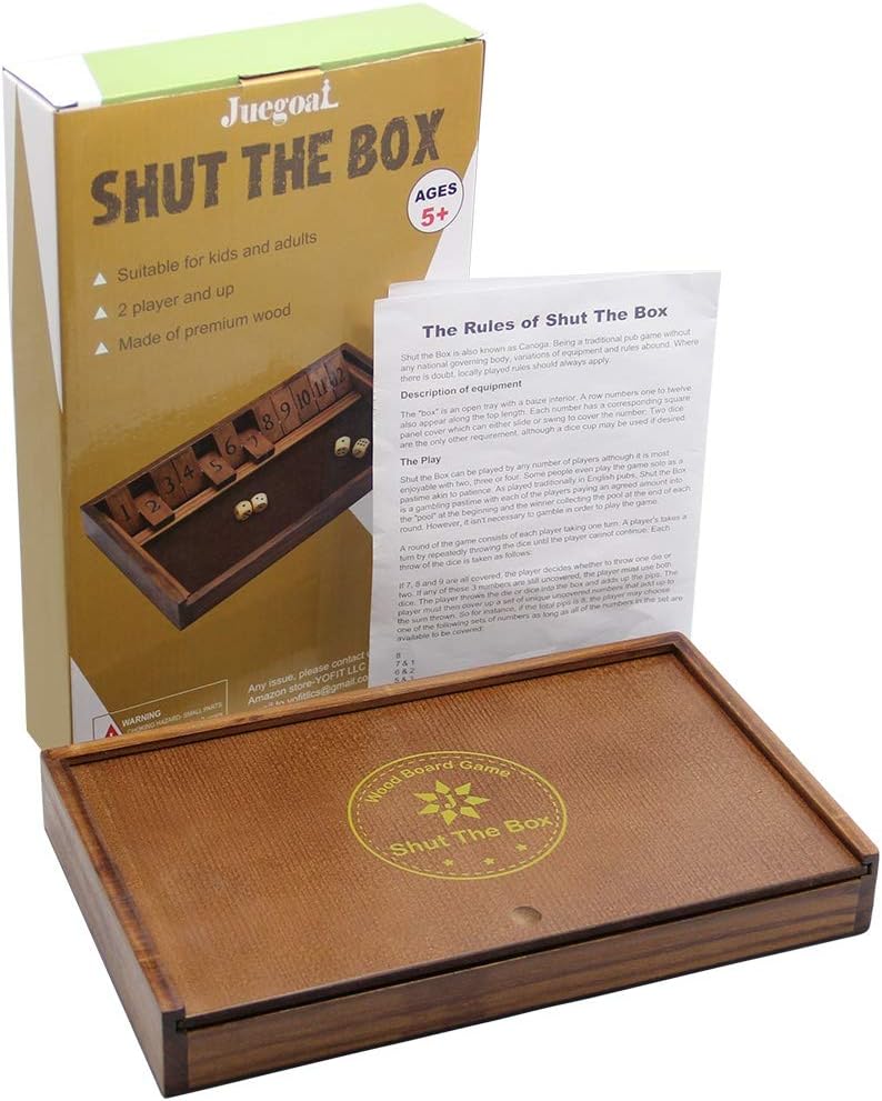 Detalle de Juegoal Shut The Box Wooden Board Dice Game with Lid (12 Numbers) — for Kids & Adults, Ages 5+