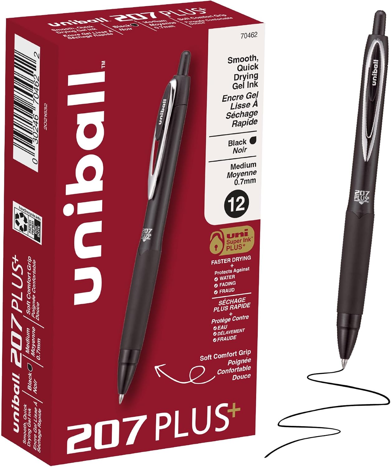 Detalle de Uni-Ball 207 PLUS+ 70462 Retractable Gel Pens, Black Ink, 0.7 mm, 12 Pack