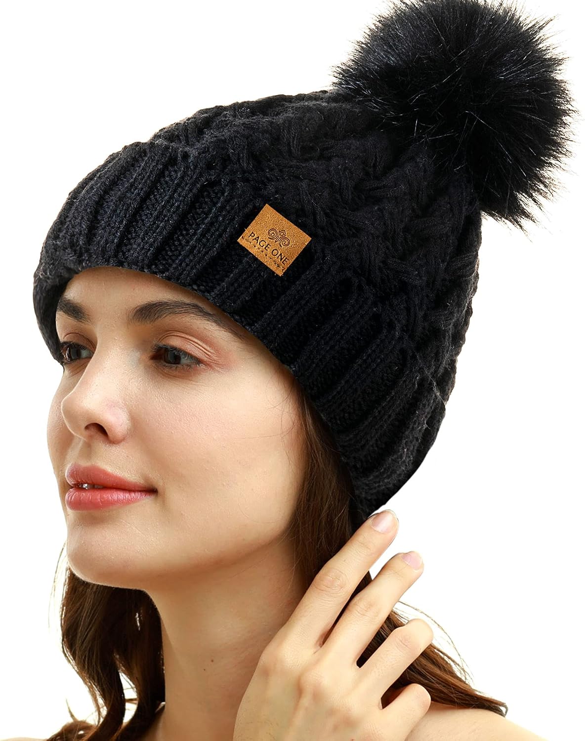 Detalle 2 de PAGE ONE Womens Ribbed Cable Knit Beanie Pom Pom