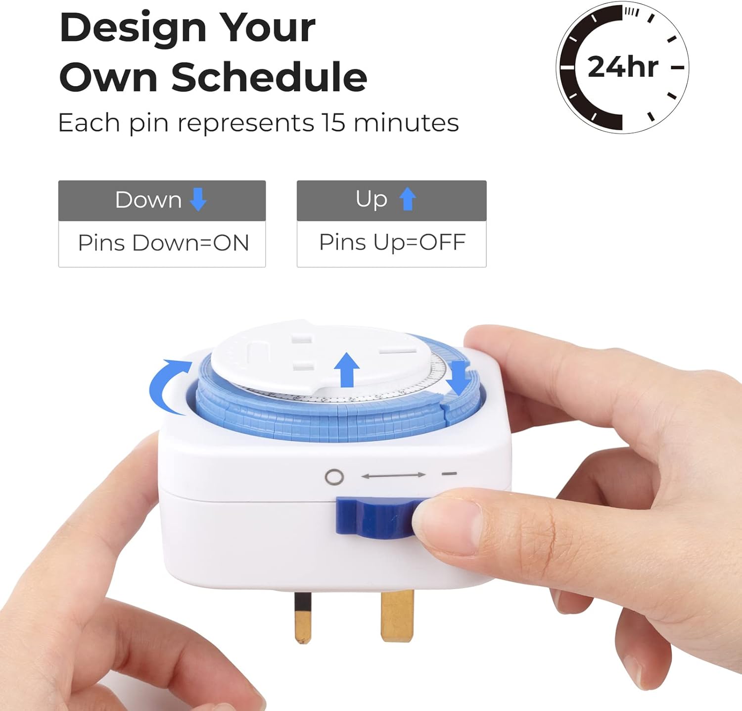 Detalle 2 de HBN Mechanical Timer Plug Socket (24 Hour, 13A/3120W) – UK Indoor Plug-In Timer, 3 Pack