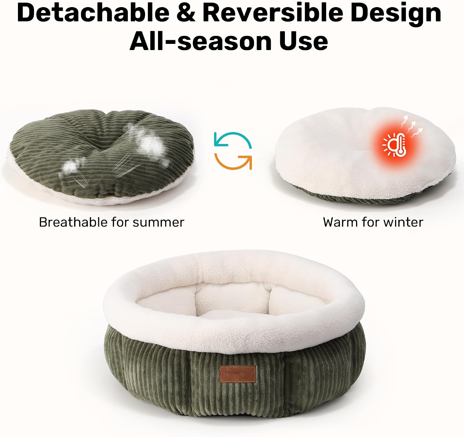 Detalle 2 de FUKUMARU Corduroy Round Cat Bed – Green