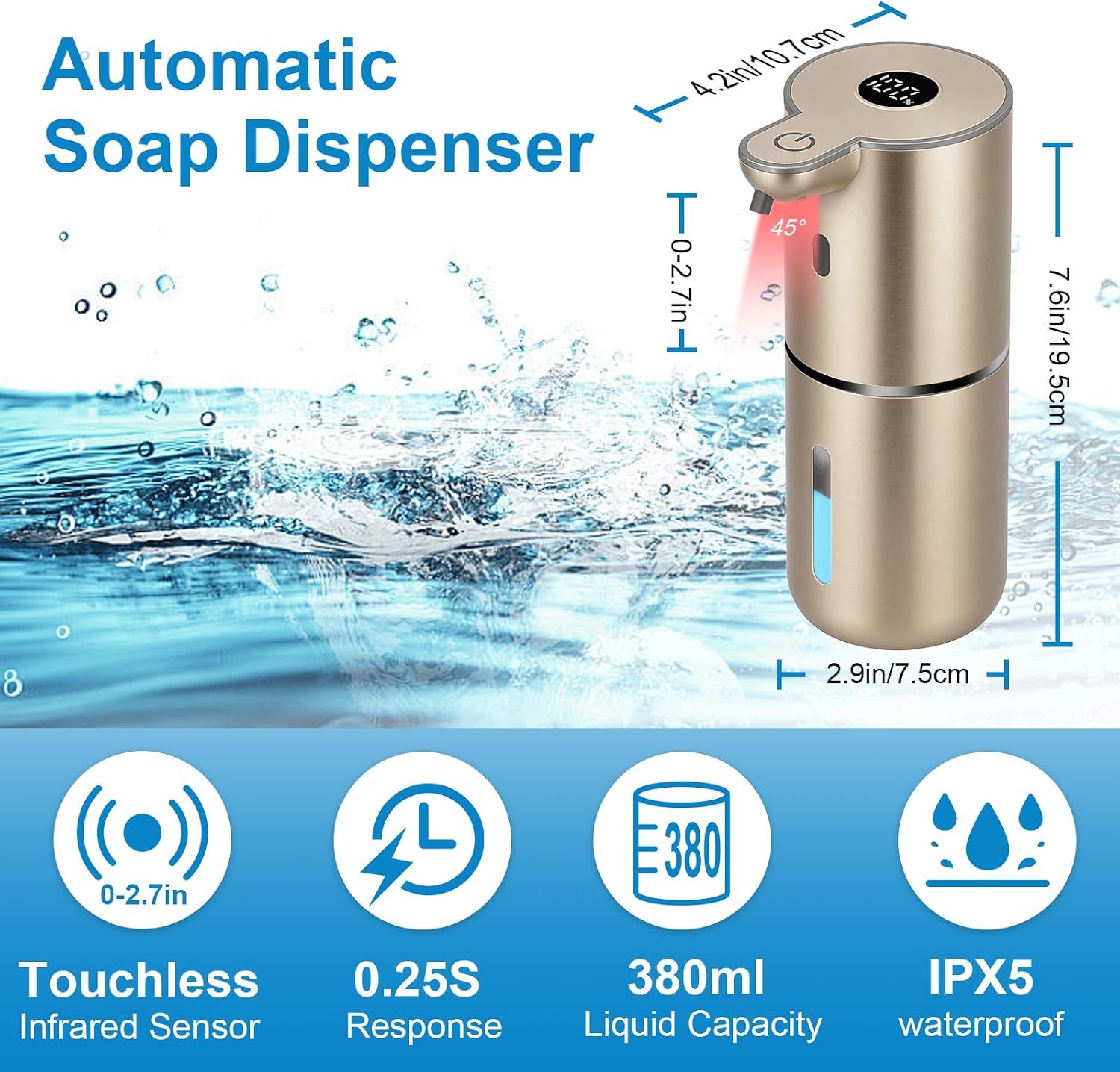 Detalle de OHIFAST OFASDGDP18F Touchless Foaming Soap Dispenser, Gold, 380 mL