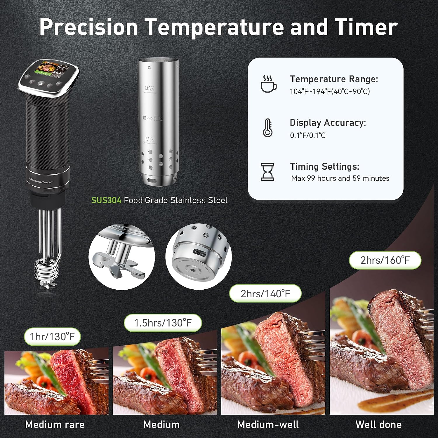 Detalle 2 de KitchenBoss G322PT 1100W Sous Vide Cooker with Wi-Fi, LCD and Brushless Motor