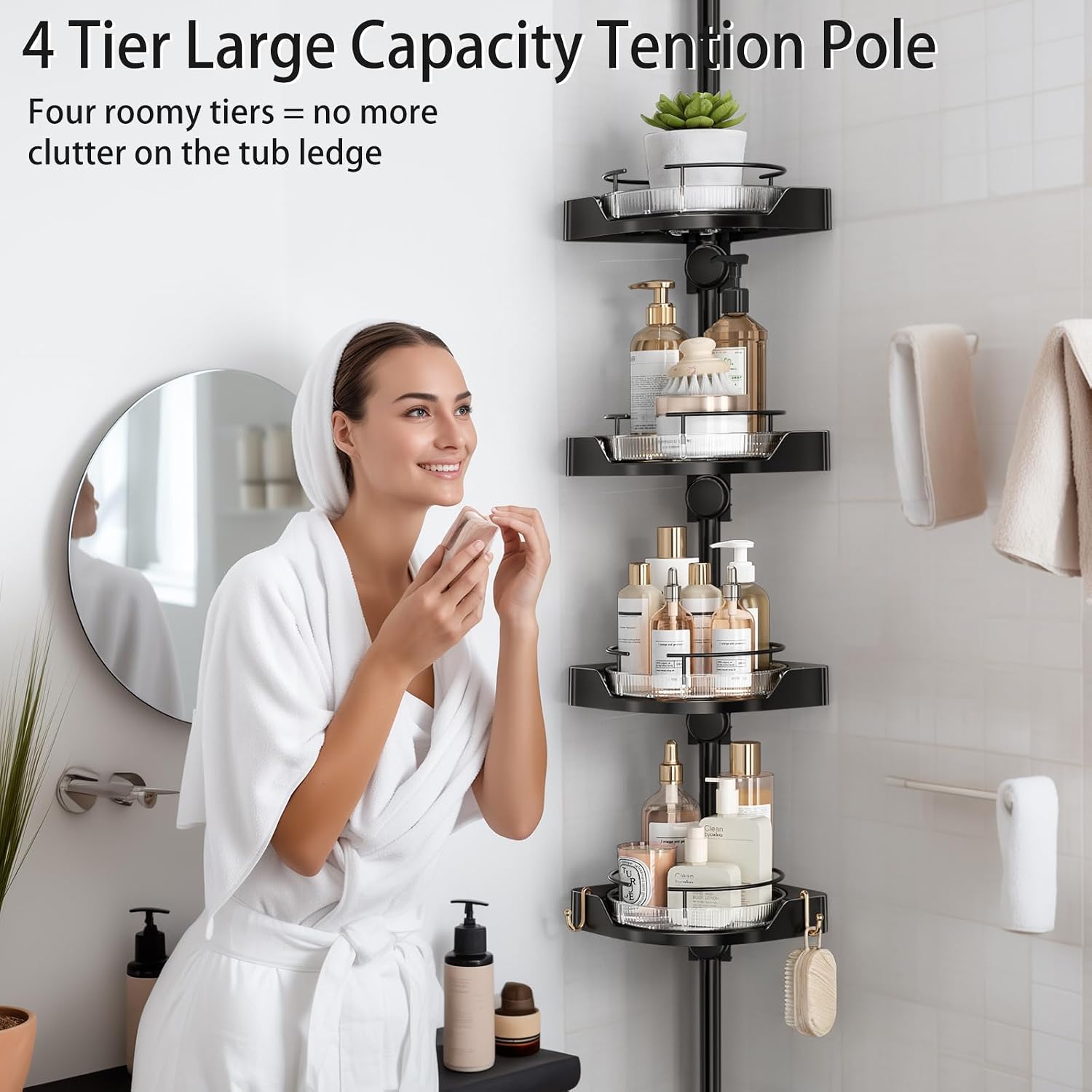 Thumbnail 5 de shuang qing 360° Rotating Corner Shower Caddy Tension Pole Organizer (4-Tier Adjustable, Black)