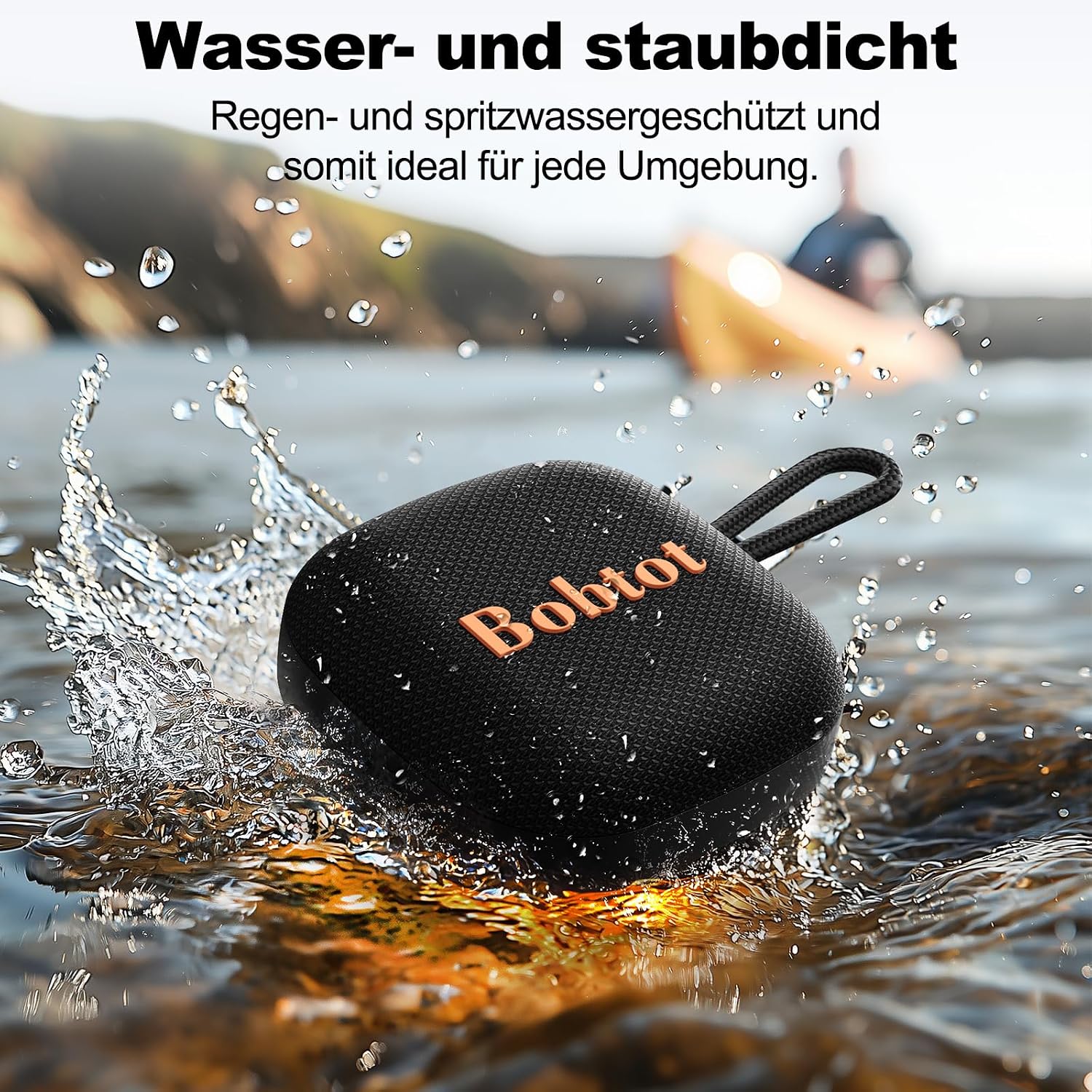 Detalle de Bobtot Bluetooth Lautsprecher (IPX7, kabellos tragbar, 16 Std. Akkulaufzeit) – Mini für Reisen & Sport, Schwarz