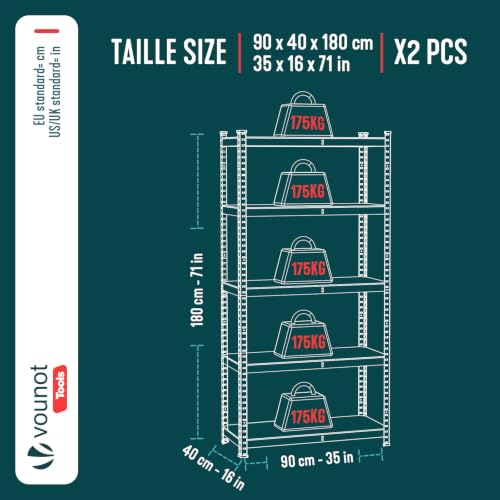 Thumbnail 2 de vounot Lot de 2 Étagères de Rangement en Acier Galvanisé à 5 Niveaux 180x90x40 cm – Charge Lourde