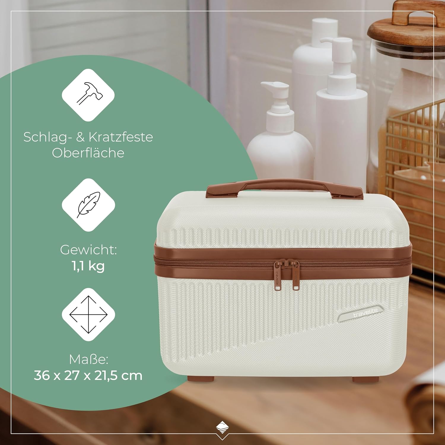 Detalle de travelite Beautycase Hartschale Handgepäck BALI – 36 cm Kosmetikkoffer mit Organizer & Aufsteckfunktion, 17 Liter