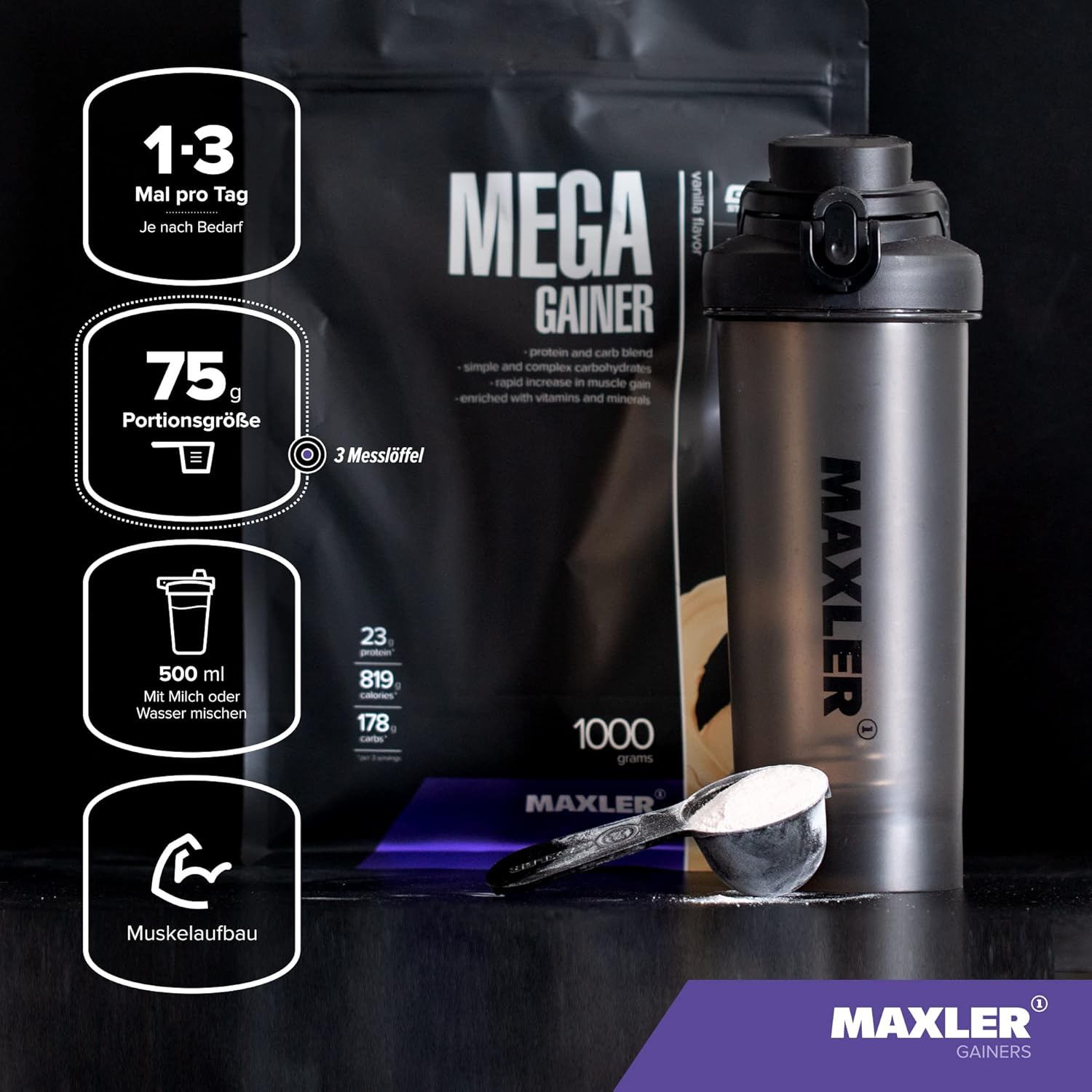 Thumbnail 3 de Maxler Mega Gainer Fraise – gain de poids en poudre (1000 g), protéines + glucides