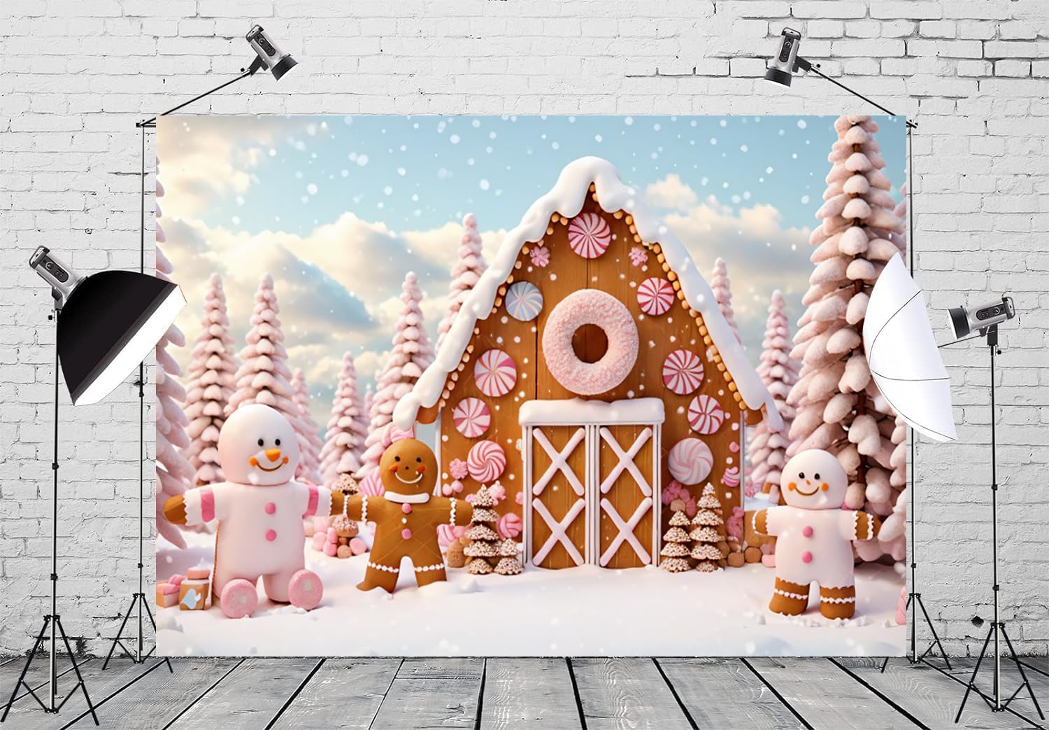 Thumbnail 4 de GCIREC 7x5ft Weihnachts Hintergrund Rosa Süßigkeiten Lebkuchen Winter Karikaturen – Fotokabine Requisiten