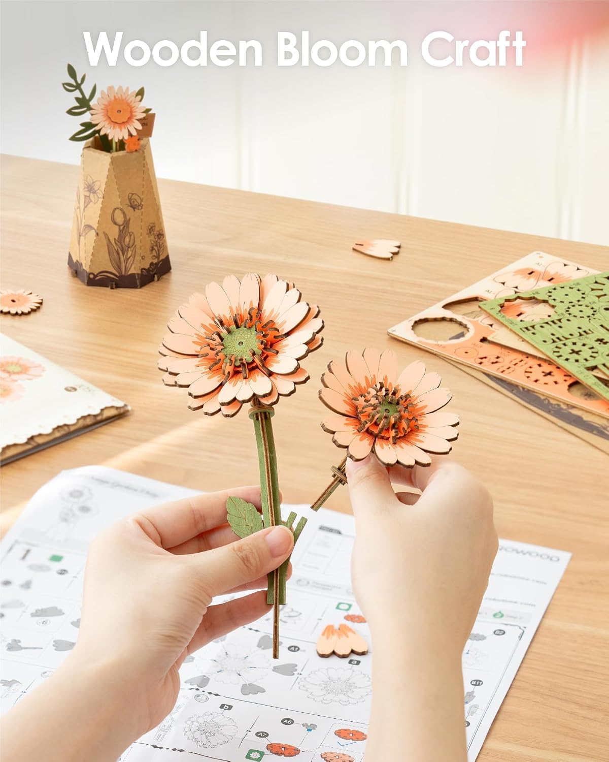 Detalle de ROBOTIME 3D Wooden Flowers Puzzle Light Orange Gerbera Daisy – DIY Kit for Adults