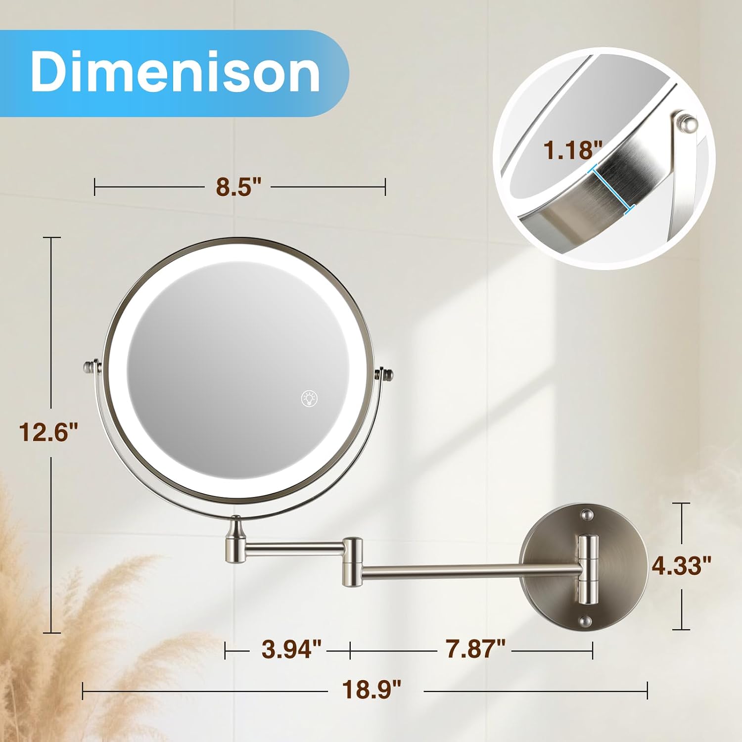Detalle de SANFANGIE 1x/10x Lighted Wall-Mounted Makeup Mirror, Brushed Nickel