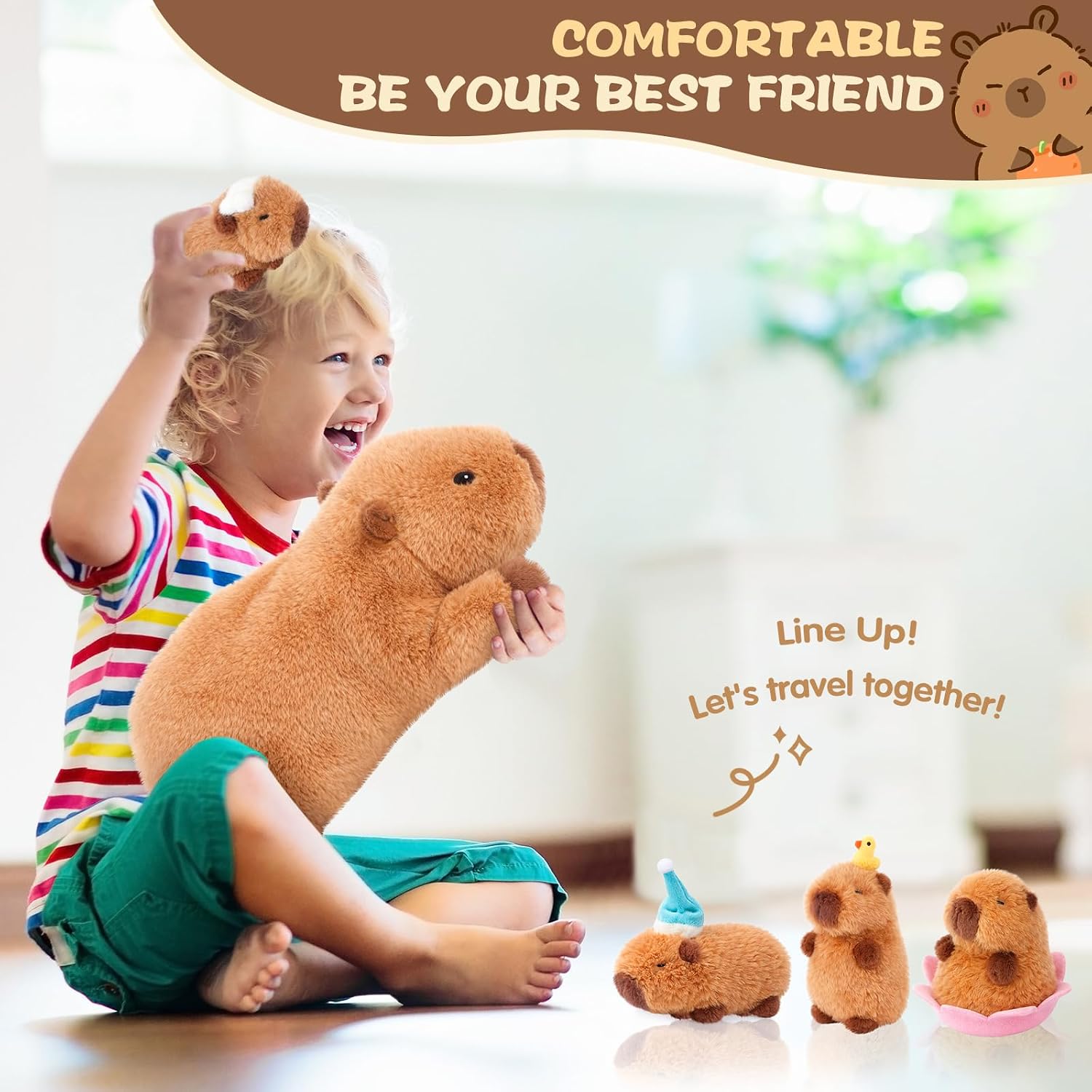 Detalle de SuzziPals Lotus Capybara Plush with 4 Babies, 17-Inch Mom and Washable Set
