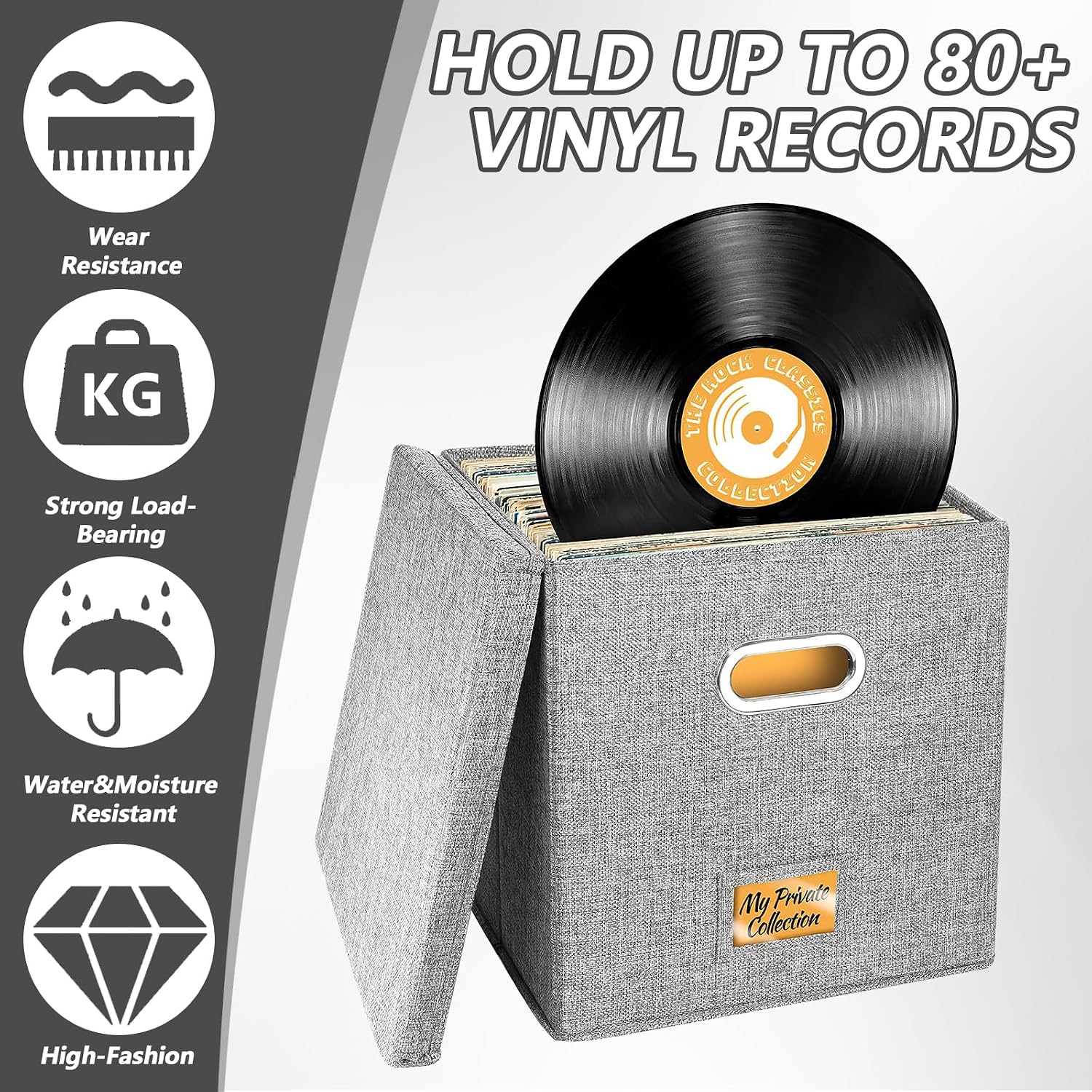 Detalle de Aolawco 2-Pack 12-inch Vinyl Record Storage Boxes with Lids & Handles (Grey) – Folding LP/ CD Organiser