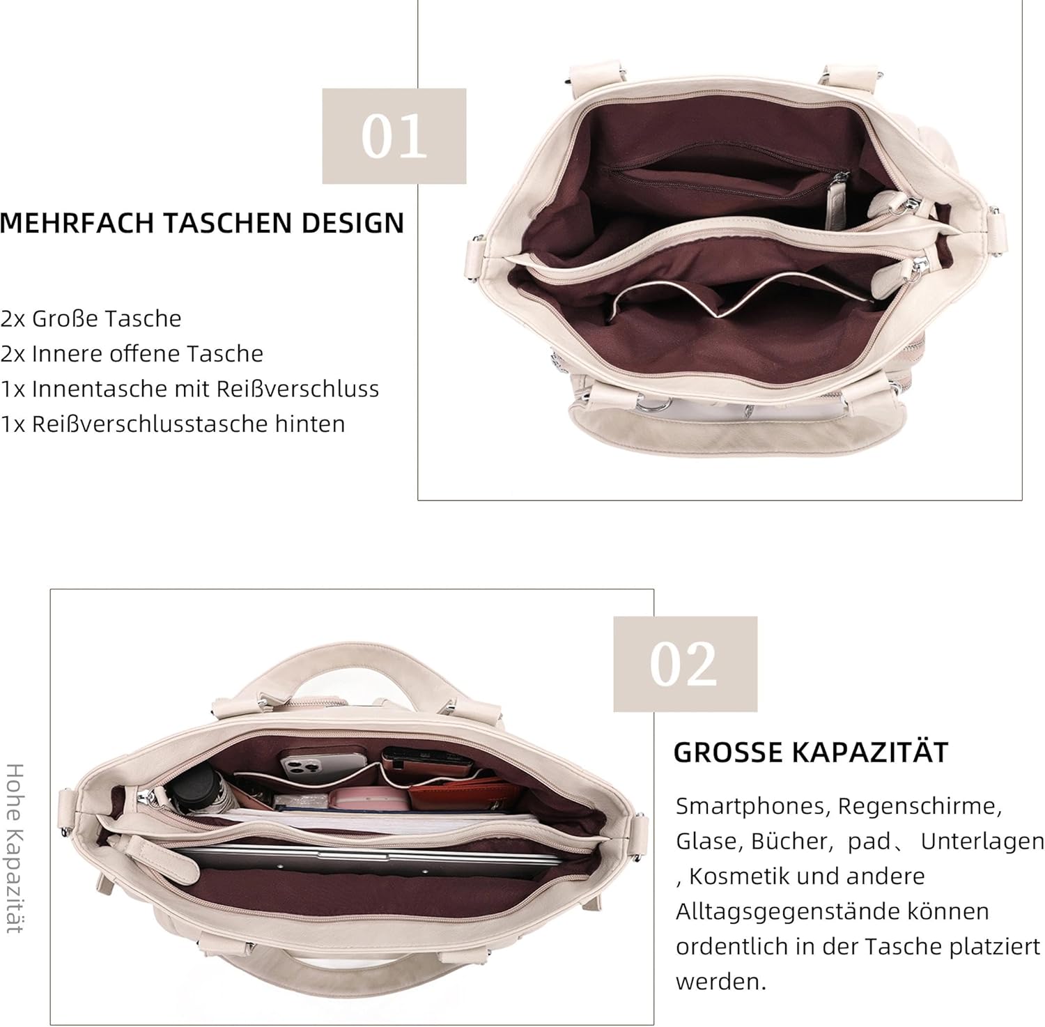 Thumbnail 5 de KL928 Handtasche Damen Umhängetasche Schultertasche mit vielen Fächern (KL928), Hellgrau Beige Cream
